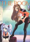  adjusting_clothes adjusting_legwear book brown_hair dressing earrings gotou_keiji haruka_minato highres hoshino_ruri jewelry kidou_senkan_nadesico lipstick long_hair makeup multiple_girls necktie official_art scan silver_hair skirt thighhighs twintails uniform 