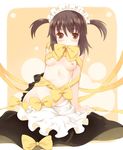  blush bow breasts brown_eyes brown_hair kurasuke kurasuke's_maid_girl maid mouth_hold nipples original ribbon short_hair sitting small_breasts solo twintails 