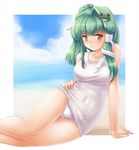  alternate_hairstyle arm_support beach blush cloud covered_navel day green_hair hand_on_hip kochiya_sanae long_hair one-piece_swimsuit outdoors school_swimsuit single_hair_intake sky snake solo swimsuit tdk touhou white_school_swimsuit white_swimsuit yellow_eyes 