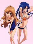  :o absurdres aisaka_taiga angry armpits arms_behind_head arms_up bikini blue_eyes blue_hair blush breasts brown_hair cleavage competition_school_swimsuit covering embarrassed flat_chest highres kawashima_ami legs long_hair medium_breasts multiple_girls navel official_art one-piece_swimsuit open_mouth pose pulled_by_self red_eyes scan school_swimsuit sideboob simple_background small_breasts smile standing strap_slip swimsuit swimsuit_pull tanaka_masayoshi thigh_gap toradora! wavy_hair 