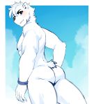  anthro blush butt cloud looking_back male mammal nipples nude outside smile solo soraa standing ursid 