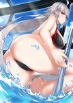  1girl ahoge ass bangs bikini breasts cameltoe cloud cloudy_sky commentary_request dean eyebrows_visible_through_hair fate/grand_order fate_(series) grey_hair highres indoors jeanne_d&#039;arc_(alter)_(fate) jeanne_d&#039;arc_(fate)_(all) large_breasts long_hair parted_lips pool pool_ladder sky smile solo swimsuit tsurime water window yellow_eyes 