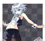  bare_shoulders blue_card blue_eyes blue_nails breasts card card_in_mouth falling_card hair_between_eyes izayoi_sakuya looking_at_viewer midriff miniskirt mouth_hold nail_polish pantyhose playing_card ribbon shirt short_hair silver_hair skirt smile solo standing touhou touya_(the-moon) 