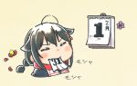  1girl ahoge bangs black_hair black_serafuku blush braid calendar_(object) chewing chibi closed_mouth collar commentary_request eyebrows_visible_through_hair eyes_closed hair_between_eyes hair_flaps hair_ornament hair_ribbon kantai_collection koppa_mijinko_(series2023) long_hair paper ribbon school_uniform serafuku shigure_(kantai_collection) simple_background single_braid solo 