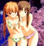  bow bow_bra bow_panties bra brown_eyes brown_hair cherry_blossoms green_bra green_panties hizuki_ayumi hizuki_mitsuna lingerie long_hair moon multiple_girls non-web_source one_eye_closed orange_eyes orange_hair panties pink_panties ringetsu side-tie_panties strap_slip topless twintails underwear underwear_only yuri 