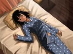  bed copyright_request frilled_pillow frills lowres lying navel oboro_(squeeze) pajamas pillow polka_dot polka_dot_pajamas solo 