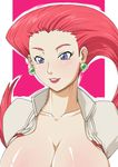  blue_eyes breasts cleavage earrings gouguru hair_slicked_back huge_breasts jewelry long_hair musashi_(pokemon) pokemon pokemon_(anime) red_hair solo team_rocket 