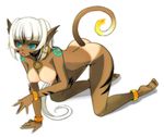  all_fours anklet aqua_eyes barefoot bracelet breasts cat_(trickster) cat_tail dark_skin earrings jewelry large_breasts long_hair nipples nude nude_filter open_mouth pointy_ears solo tail tan tanline third-party_edit trickster white_hair 