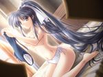  areolae bed black_eyes blue_hair breasts keyhole kneeling long_hair maou_no_musume-tachi medium_breasts nipples non-web_source panties ponytail selen_(maou_no_musume-tachi) side-tie_panties solo topless underwear very_long_hair white_panties yamamoto_kazue 