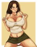  blush breasts brown_eyes brown_hair huge_breasts long_hair midriff miniskirt navel original panties pencil_skirt rirakukan skirt solo spread_legs tank_top underwear white_panties 