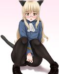  animal_ears blonde_hair blush brown_eyes glasses long_hair no_panties pantyhose perrine_h_clostermann pussy_juice scharfschutze solo strike_witches tail world_witches_series 
