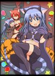  animal_ears bike_shorts blue_eyes blue_hair boots breasts cameltoe candy cape cat_ears cat_tail cling fang food hair_ornament hairband hairclip halloween horns large_breasts long_hair midriff multiple_girls original red_hair shiina_you_(tomoshibi) short_hair tail thigh_boots thighhighs wand wings yellow_eyes 