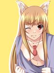  animal_ears bad_id bad_pixiv_id breasts brown_hair chiro downblouse fang hanging_breasts holo large_breasts long_hair looking_at_viewer nipples one_eye_closed red_eyes shirt_pull simple_background solo spice_and_wolf upper_body wolf_ears yellow_background 
