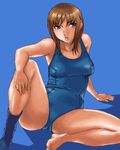  arm_support barefoot blue_background breasts brown_hair large_breasts leaning_back lips lowres matoyama oekaki one-piece_swimsuit original parted_lips pixel_art school_swimsuit short_hair single_sock sitting socks solo spread_legs swimsuit 