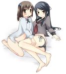  bad_id bad_pixiv_id barefoot black_hair black_panties brown_eyes brown_hair feet long_hair momoyama_nozomu multiple_girls original panties pink_panties polka_dot polka_dot_panties school_uniform serafuku side-tie_panties underwear 