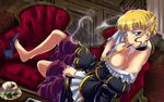  bad_id bad_pixiv_id barefoot beatrice blonde_hair breasts choker cleavage couch downblouse dress from_above high_heels kiseru large_breasts mekabu pipe pipe_in_mouth shoe_dangle shoes solo umineko_no_naku_koro_ni 