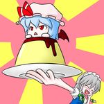  :&lt; :d ^_^ bad_id bad_pixiv_id blue_hair blush chibi closed_eyes food hairband hat heart heart_in_mouth in_food izayoi_sakuya kentairui maid minigirl multiple_girls open_mouth pudding remilia_scarlet ribbon short_hair silver_hair smile touhou 