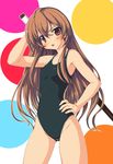  aisaka_taiga blush bokken brown_eyes brown_hair competition_swimsuit flat_chest highres ishii_akira long_hair one-piece_swimsuit solo swimsuit sword toradora! weapon wooden_sword 