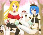  animal_ears armlet artist_request blonde_hair blue_hair bow bracelet bunny_(trickster) bunny_ears cake cat_(trickster) cat_ears cherry_blossoms choker food hair_bow high_heels jewelry kneeling midriff multiple_girls necktie panties pantyshot pastry purple_eyes red_eyes ribbon sandals shoes sitting skirt thighhighs trickster underwear white_legwear white_panties 