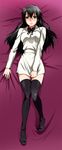  bed_sheet black_hair blush bow breasts dakimakura full_body green_eyes kikuchi_mataha kizaki_emi kurogane_no_linebarrel legs lying medium_breasts pencil_skirt sheet_grab skirt solo thighhighs uniform 