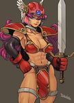  abs armor bikini_armor blue_eyes breasts cleavage dragon_quest dragon_quest_iii elbow_gloves gloves helmet large_breasts long_hair muscle purple_hair red_armor soldier_(dq3) solo sword torashiro_eiji weapon 