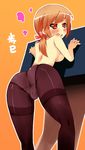  ass blush breasts brown_hair hyakko medium_breasts nonomura_ayumi orange_eyes panties panties_under_pantyhose pantyhose pilotis ponytail sideboob solo thighband_pantyhose topless underwear 