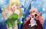  blonde_hair blue_eyes breasts cape elf highres huge_breasts louise_francoise_le_blanc_de_la_valliere multiple_girls pink_hair pointy_ears red_eyes tiffania_westwood tree waving zero_no_tsukaima 