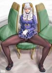  arikawa bow breasts cameltoe capcom_fighting_jam chair cleavage full_body gloves hairpods highres ingrid large_breasts long_hair mary_janes pantyhose pussy shoes sitting solo tongue white_hair yellow_eyes 