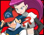  1girl age_difference amada big_hair blush commentary_request couple fingerless_gloves gloves hair_slicked_back hat hetero musashi_(pokemon) pokemon pokemon_(anime) satoshi_(pokemon) team_rocket 