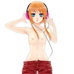  bad_id bad_pixiv_id blue_eyes flat_chest headphones looking_at_viewer lowleg lowleg_pants minatsuki_alumi nipples orange_hair original pants short_hair_with_long_locks simple_background solo topless white_background 