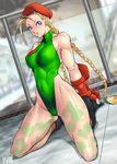  antenna_hair arikawa bangs bare_shoulders beret blonde_hair blue_eyes bodypaint boots braid breasts cameltoe cammy_white collarbone covered_nipples dutch_angle fingerless_gloves floor gloves green_leotard hat highres kneeling leotard long_hair medium_breasts muscle navel puffy_nipples sitting solo street_fighter twin_braids window 