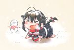  &gt;_&lt; 1girl ahoge all_fours black_hair black_serafuku blush braid chibi collar commentary_request eyebrows_visible_through_hair eyes_closed fang hair_between_eyes hair_flaps hair_ornament hairclip kantai_collection koppa_mijinko_(series2023) long_hair neckerchief open_mouth outdoors red_neckwear ribbon roma_(kantai_collection) scarf school_uniform serafuku shigure_(kantai_collection) simple_background single_braid smile snow snowing snowman solo steam 