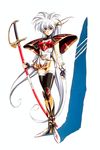  90s armor bandages bangs belt black_legwear breastplate clenched_hand closed_mouth dress expressionless fantasy fingerless_gloves gloves greaves hair_between_eyes hair_ornament highres holding huge_weapon langrisser langrisser_iii leotard long_hair looking_at_viewer luna_(langrisser) official_art oldschool pauldrons red_eyes shadow sheath sheathed short_dress side_slit simple_background solo spiked_hair standing sword thighhighs turtleneck twintails urushihara_satoshi very_long_hair weapon white_background white_hair 