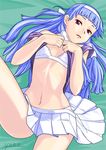  bad_id bad_pixiv_id bangs blue_hair blunt_bangs bra hair_ornament hairband kannagi lingerie long_hair lying miniskirt nagi navel pleated_skirt purple_eyes shirt_lift skirt solo underwear white_skirt yonezawa_mao 