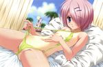  akane-iro_ni_somaru_saka bed blue_eyes blurry blush cloud day depth_of_field drink flat_chest hair_over_one_eye indoors lying non-web_source one-piece_tan palm_tree pink_hair shiraishi_nagomi short_hair slingshot_swimsuit solo swimsuit tan tanline tree window 