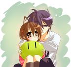  1girl antenna_hair bad_id bad_pixiv_id blue_eyes blue_hair blush brown_eyes brown_hair clannad couple dango_daikazoku furukawa_nagisa hetero hug hug_from_behind komo_da okazaki_tomoya short_hair 