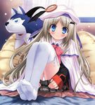  bed beret blue_eyes blush bow dog hair_ornament hairclip hat large_buttons little_busters! long_hair na-ga non-web_source noumi_kudryavka panties pantyshot pillow pink_bow school_uniform solo stuffed_animal stuffed_toy thighhighs underwear white_hair white_panties window 