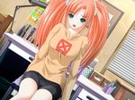  artist_request bike_shorts colorful_heart game_cg green_eyes koshiou_chihaya open_mouth orange_hair sitting solo twintails 