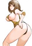  ass between_breasts breasts brown_eyes brown_hair clothes_between_breasts elbow_pads fundoshi hand_on_ass japanese_clothes kazaana large_breasts lips looking_back nipples original solo torn_clothes 