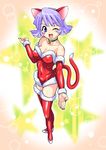  animal_ears bell breasts cat_ears cat_tail christmas covered_nipples detached_sleeves green_nails high_heels kouda_tomohiro large_breasts nail_polish one_eye_closed original purple_eyes purple_hair santa_costume shoes short_hair solo tail thighhighs 