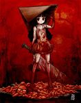  apron black_hair blood death dress genderswap genderswap_(mtf) gloves guro helmet j-e-m-g long_hair pyramid_head red red_background silent_hill silent_hill_2 solo sword weapon 