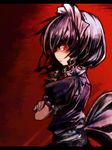  angry hairband izayoi_sakuya maid red red_background red_eyes ribbon short_hair silver_hair solo touhou ukyo_rst 
