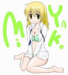  blonde_hair bra breasts cleavage hidamari_sketch lingerie medium_breasts miyako navel open_clothes open_shirt shirt solo sosser underwear 