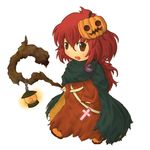  alternate_costume chibi cross food_themed_hair_ornament hair_ornament halloween jack-o'-lantern long_hair okazaki_yumemi pumpkin pumpkin_hair_ornament red_eyes red_hair simple_background solo staff suiyou_taruta touhou touhou_(pc-98) white_background 