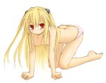  all_fours barefoot blonde_hair blush flat_chest kasuga_yukihito konjiki_no_yami long_hair nipples panties red_eyes solo to_love-ru topless underwear 