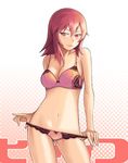  andou_nene bow bow_panties bowieknife bra breasts cleavage halftone halftone_background hyakko lingerie long_hair lowleg lowleg_panties medium_breasts navel panties panty_pull red_eyes red_hair red_panties solo underwear underwear_only 