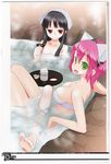  artbook bare_shoulders barefoot black_hair bottle breasts feet flat_chest goggles gouma_reifuden_izuna green_eyes highres izuna large_breasts legs long_hair milk multiple_girls official_art onsen pink_hair red_eyes scan shino_(izuna) short_hair smile towel water yoshida_on 