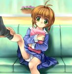  1girl brown_hair cardcaptor_sakura dress green_eyes hetero highres kinomoto_sakura mutsuki_(moonknives) panties pantyshot sailor_dress short_hair socks solo_focus underwear upskirt 