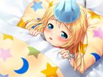  1girl bed blonde_hair blue_eyes blush face fingernails ice looking_at_viewer lying nitroplus on_back on_bed pillow sick solo sumaga under_covers 