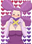  bad_id bad_pixiv_id blush breasts cleavage dress elbow_gloves eyeshadow gift gloves gym_leader heart holding holding_gift jaga_note large_breasts makeup melissa_(pokemon) pokemon pokemon_(game) pokemon_dppt purple_eyes purple_hair quad_tails solo 